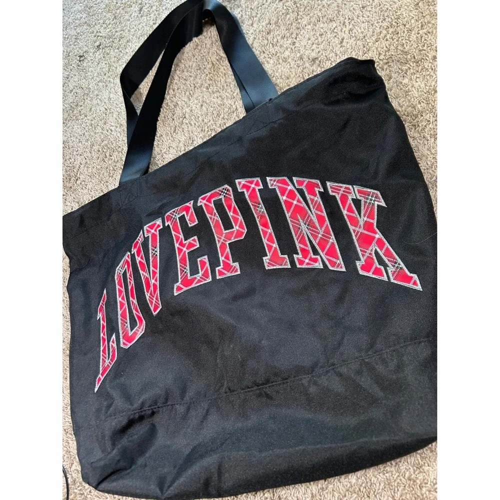 Victorias Secret PINK Black‎ Canvas Tote Bag Red Plaid Logo Zipper Large Gym Bag